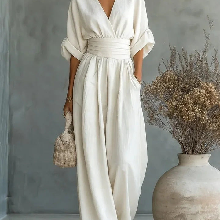V-Neck Wide-Leg Pleated Jumpsuit
