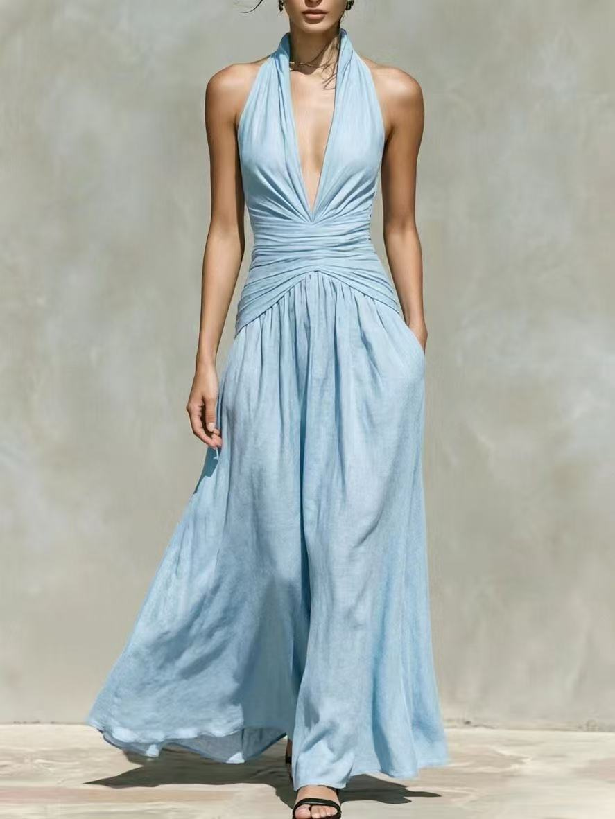 Deep V-Neck Halter Linen-Blend Long Dress