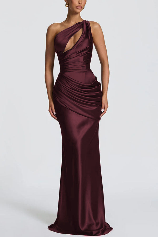 One-Shoulder Satin Fishtail Evening Dress with Waist Tie