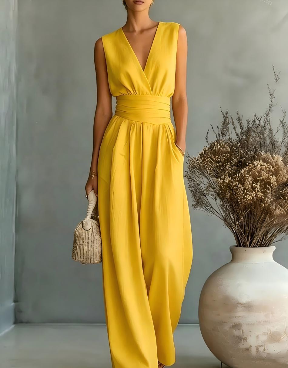 V-Neck Wide-Leg Pleated Jumpsuit