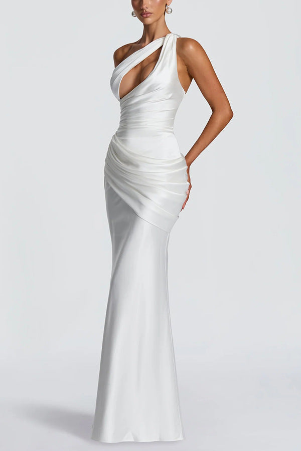 One-Shoulder Satin Fishtail Evening Dress with Waist Tie
