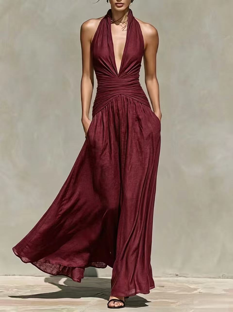 Deep V-Neck Halter Linen-Blend Long Dress