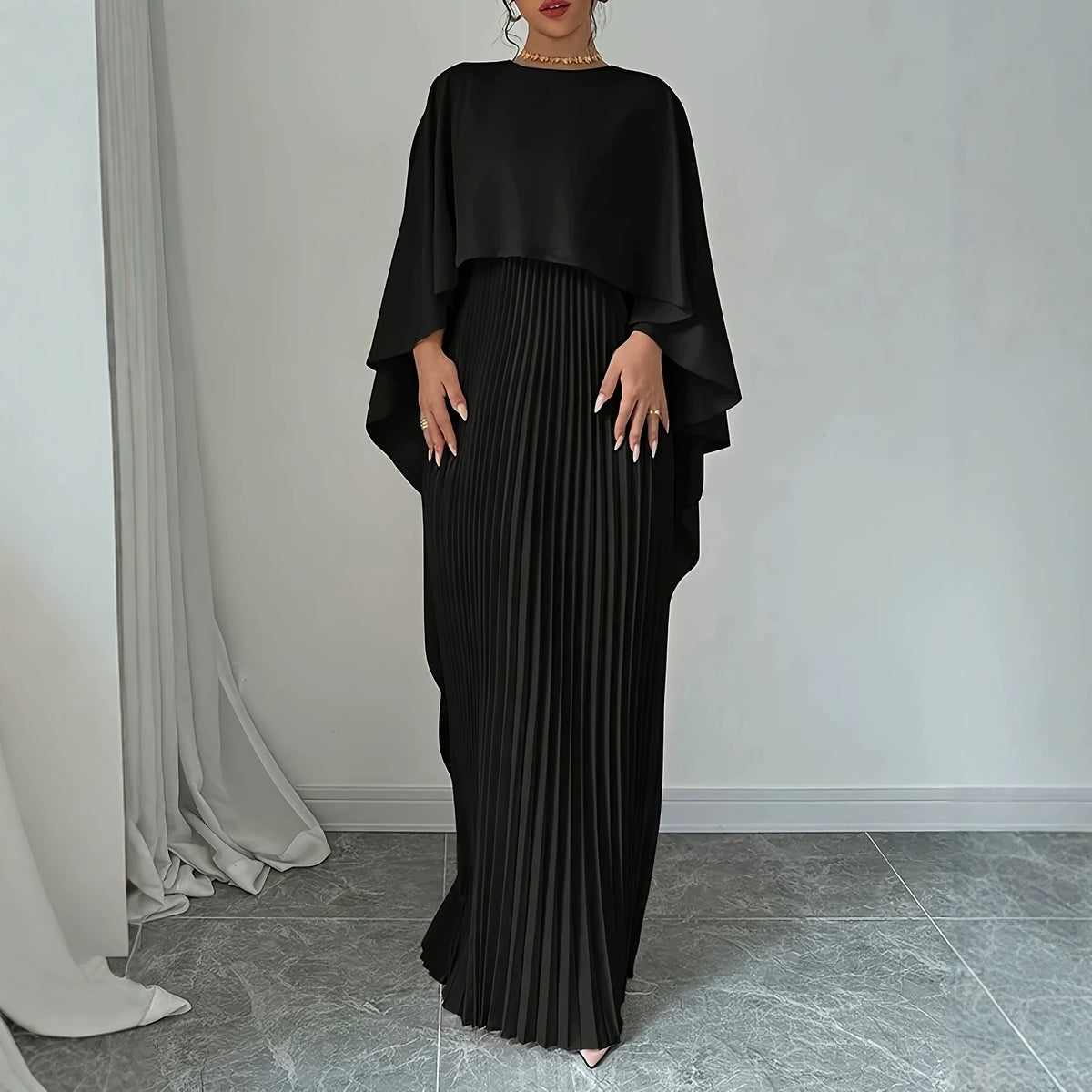 Loose-Fit Batwing Sleeve Pleated Long Dress
