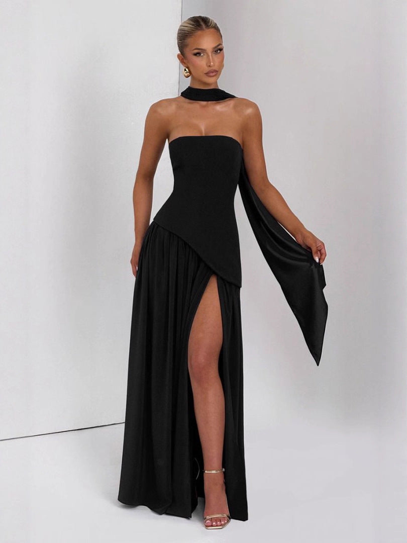 Backless Tube-Top Milk Silk Dress with High Slit