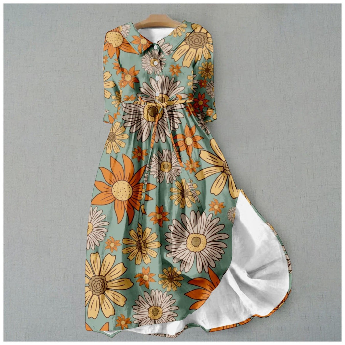 High-Waist Button-Collar Midi Dress with 3D Print