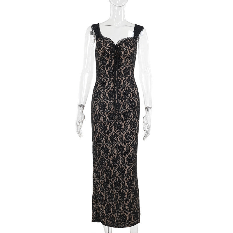 Hooded Lace Sleeveless Pencil Long Dress