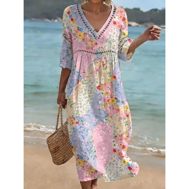 Deep V-Neck 3D Print Midi Dress with Irregular Hem