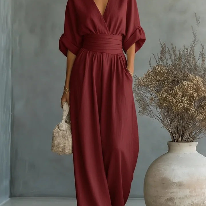 V-Neck Wide-Leg Pleated Jumpsuit