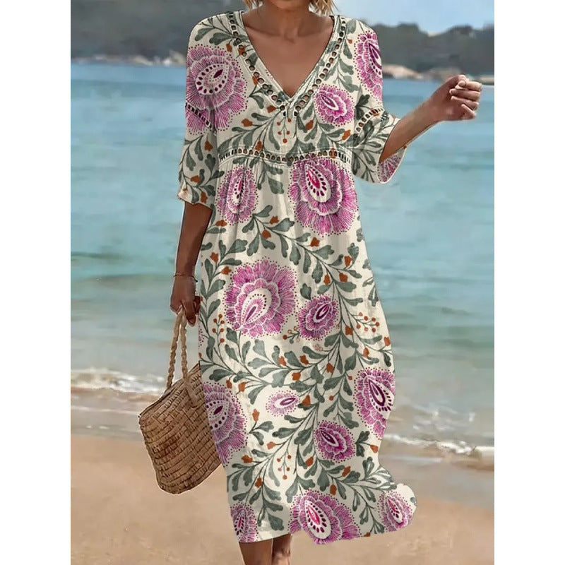 Deep V-Neck 3D Print Midi Dress with Irregular Hem