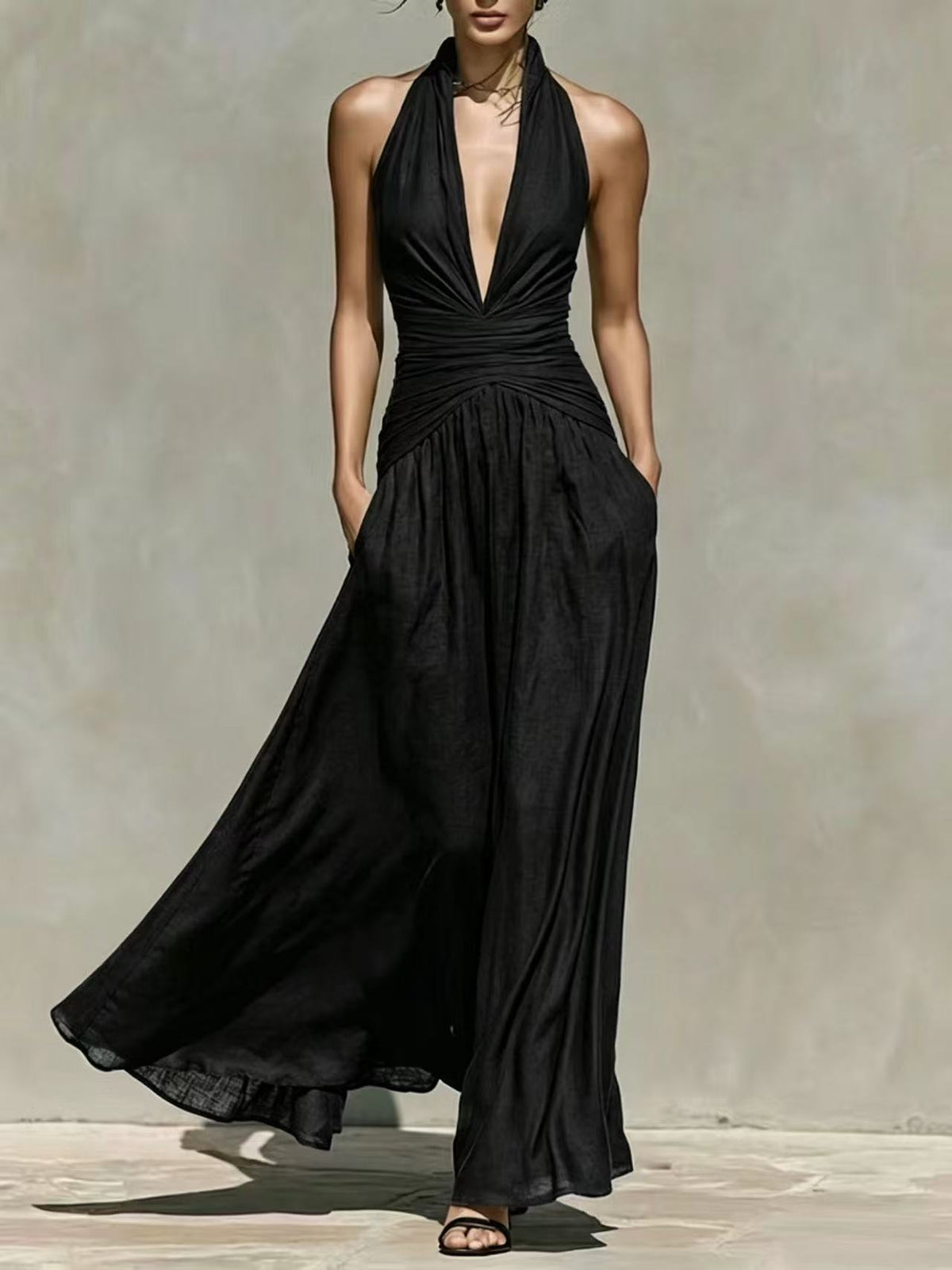 Deep V-Neck Halter Linen-Blend Long Dress