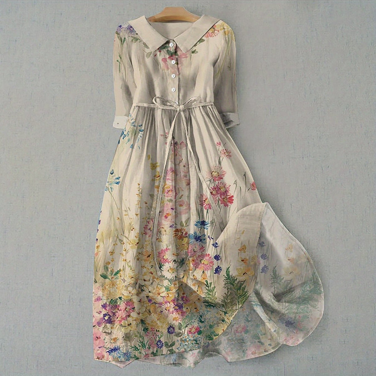 High-Waist Button-Collar Midi Dress with 3D Print