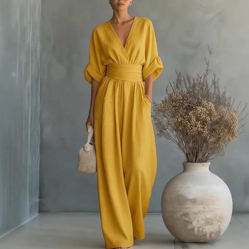 V-Neck Wide-Leg Pleated Jumpsuit