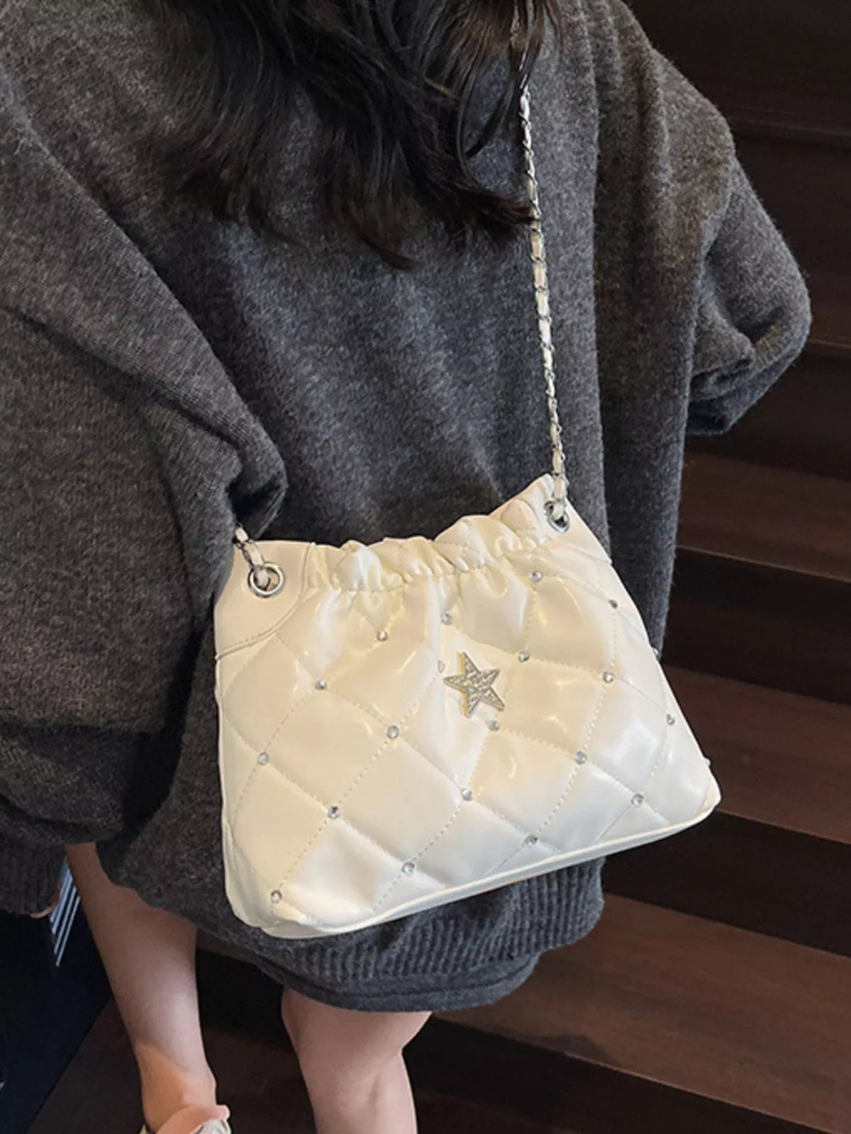 Quilted Rhinestone Star Decor Shoulder Bag