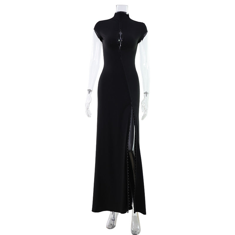 Black Stand-Collar Cutout Floor-Length Dress with High Slit