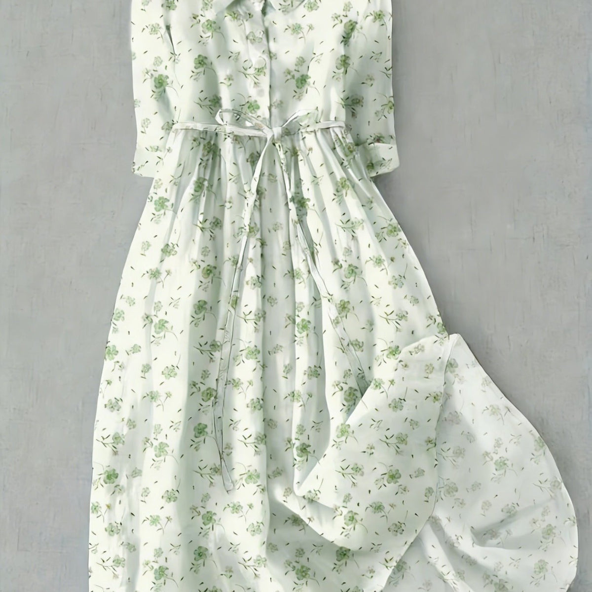 High-Waist Button-Collar Midi Dress with 3D Print