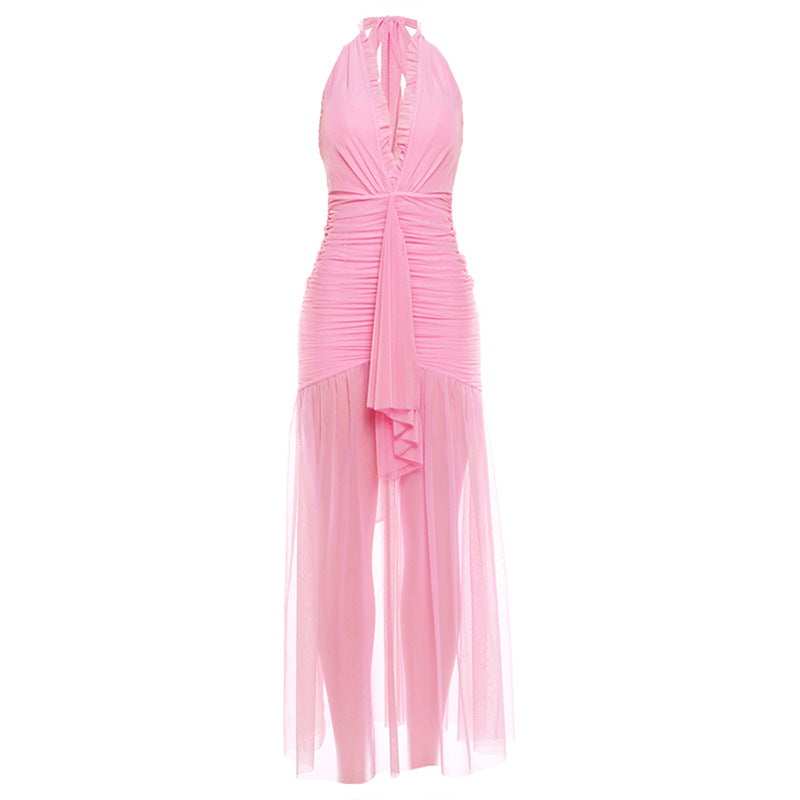 Halter V-Neck Pleated Mesh Long Dress