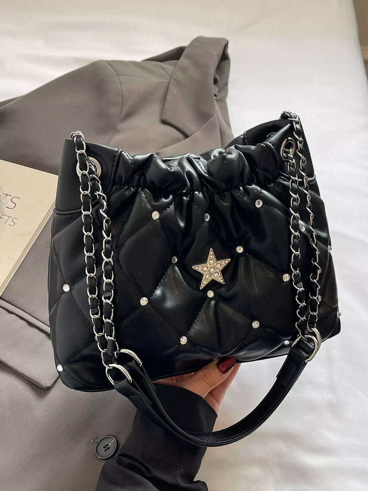 Quilted Rhinestone Star Decor Shoulder Bag