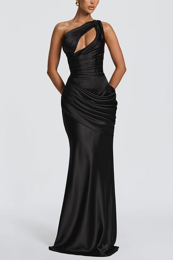 One-Shoulder Satin Fishtail Evening Dress with Waist Tie