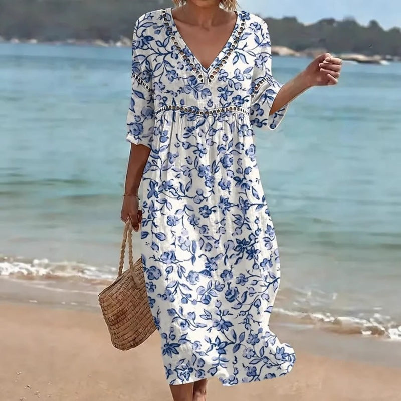 Deep V-Neck 3D Print Midi Dress with Irregular Hem