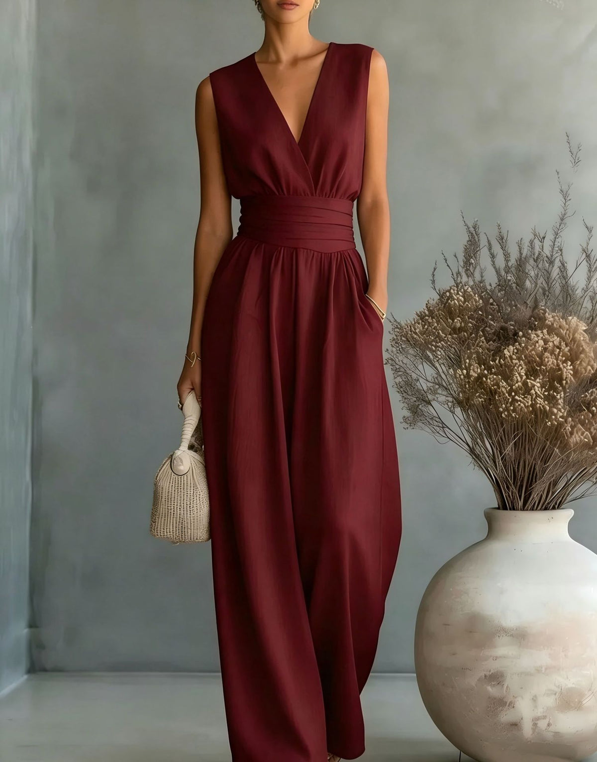 V-Neck Wide-Leg Pleated Jumpsuit