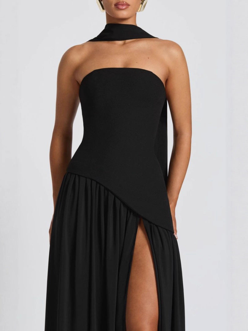 Backless Tube-Top Milk Silk Dress with High Slit