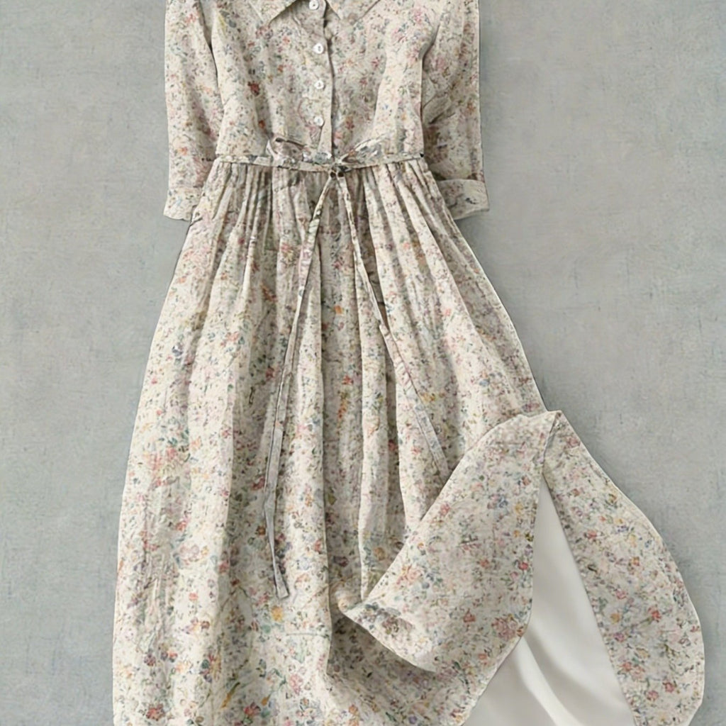 High-Waist Button-Collar Midi Dress with 3D Print