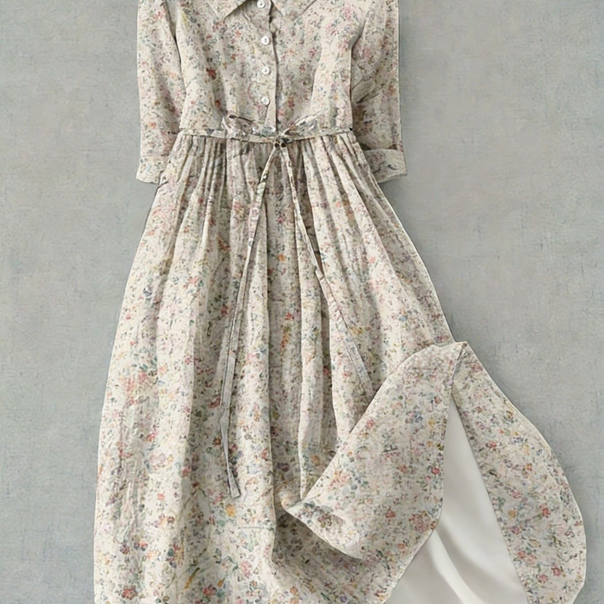 High-Waist Button-Collar Midi Dress with 3D Print