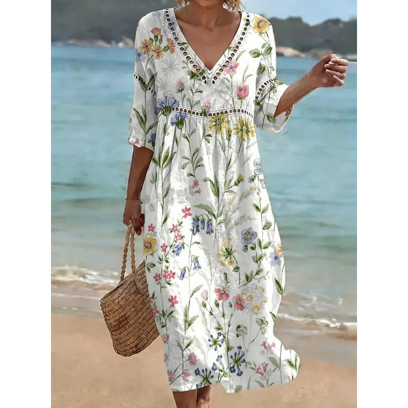 Deep V-Neck 3D Print Midi Dress with Irregular Hem