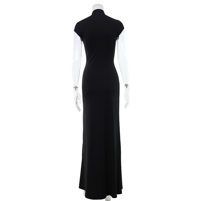 Black Stand-Collar Cutout Floor-Length Dress with High Slit