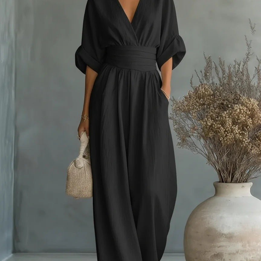 V-Neck Wide-Leg Pleated Jumpsuit