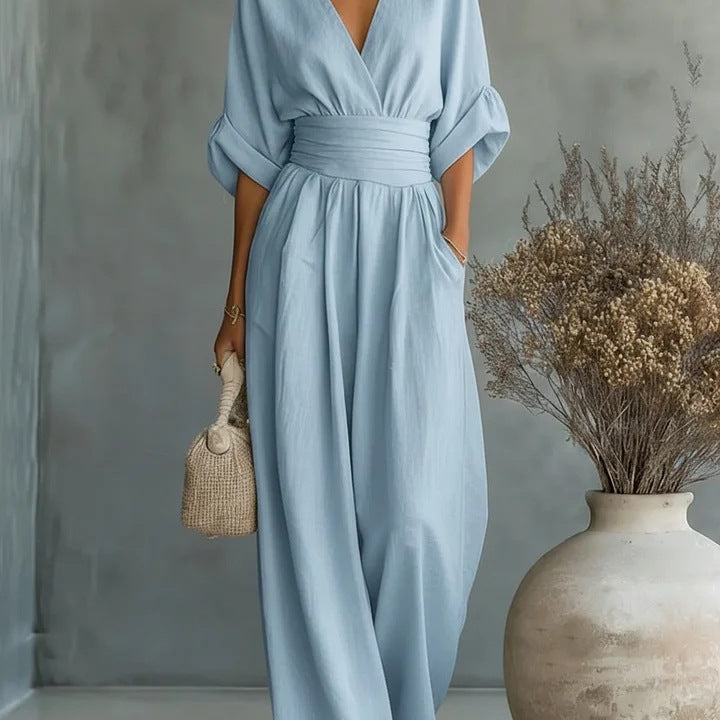 V-Neck Wide-Leg Pleated Jumpsuit