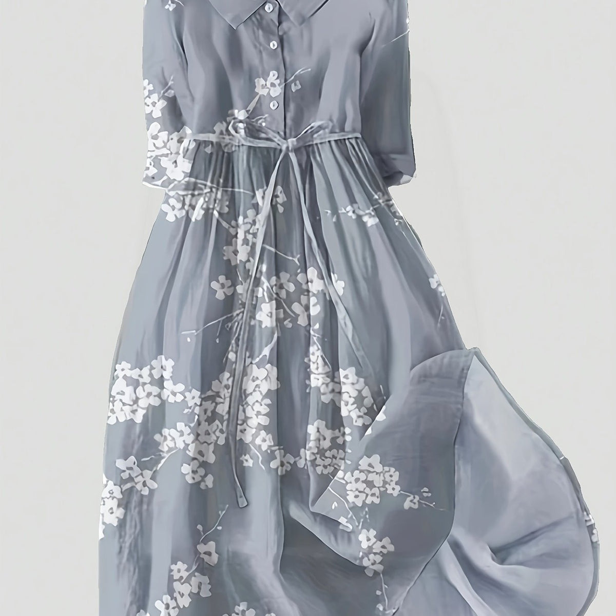 High-Waist Button-Collar Midi Dress with 3D Print