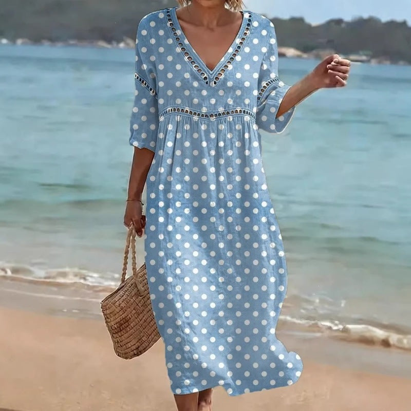 Deep V-Neck 3D Print Midi Dress with Irregular Hem