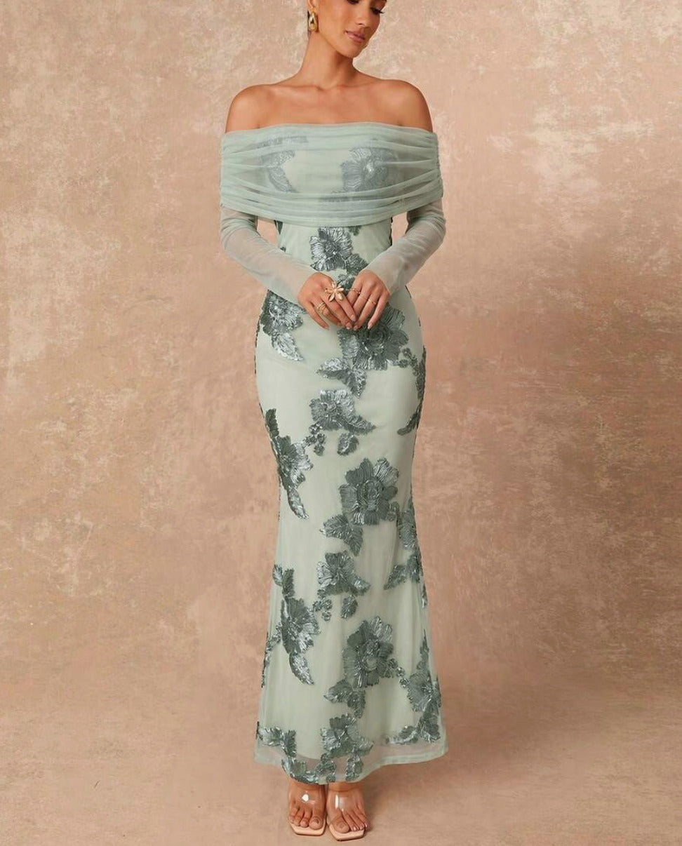 One-Shoulder Lace Bodycon Long Dress with Long Sleeves