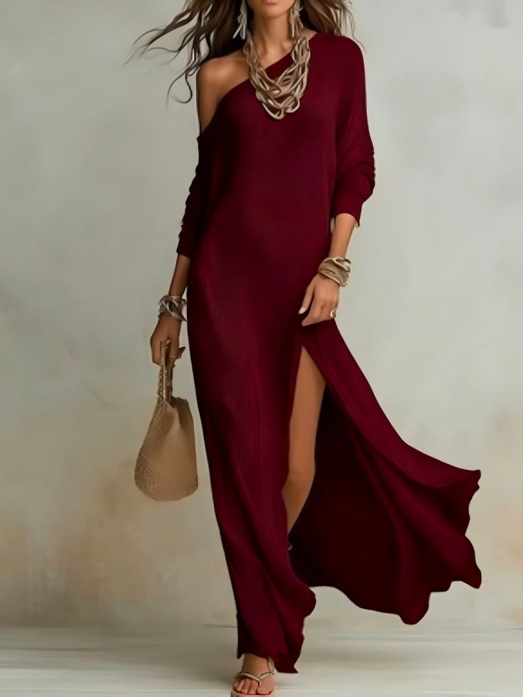 Long-Sleeve Pleated Dress with Side Slit
