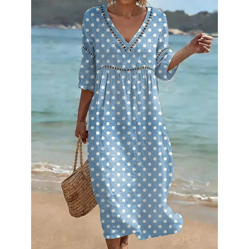 Deep V-Neck 3D Print Midi Dress with Irregular Hem