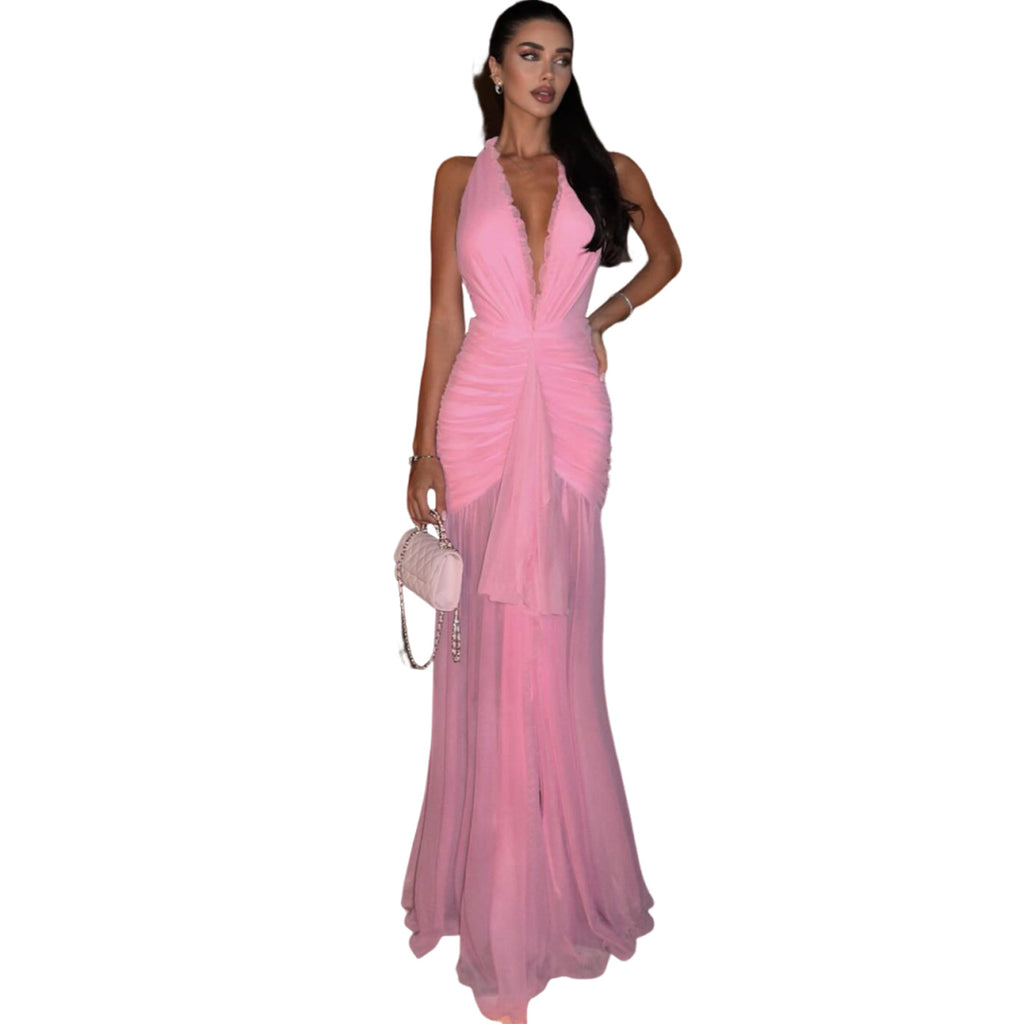 Halter V-Neck Pleated Mesh Long Dress