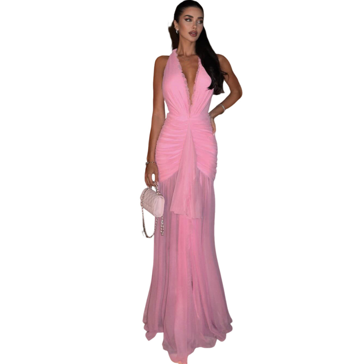 Halter V-Neck Pleated Mesh Long Dress