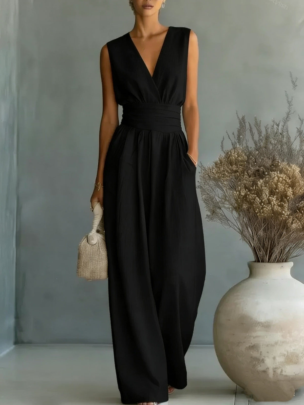 V-Neck Wide-Leg Pleated Jumpsuit