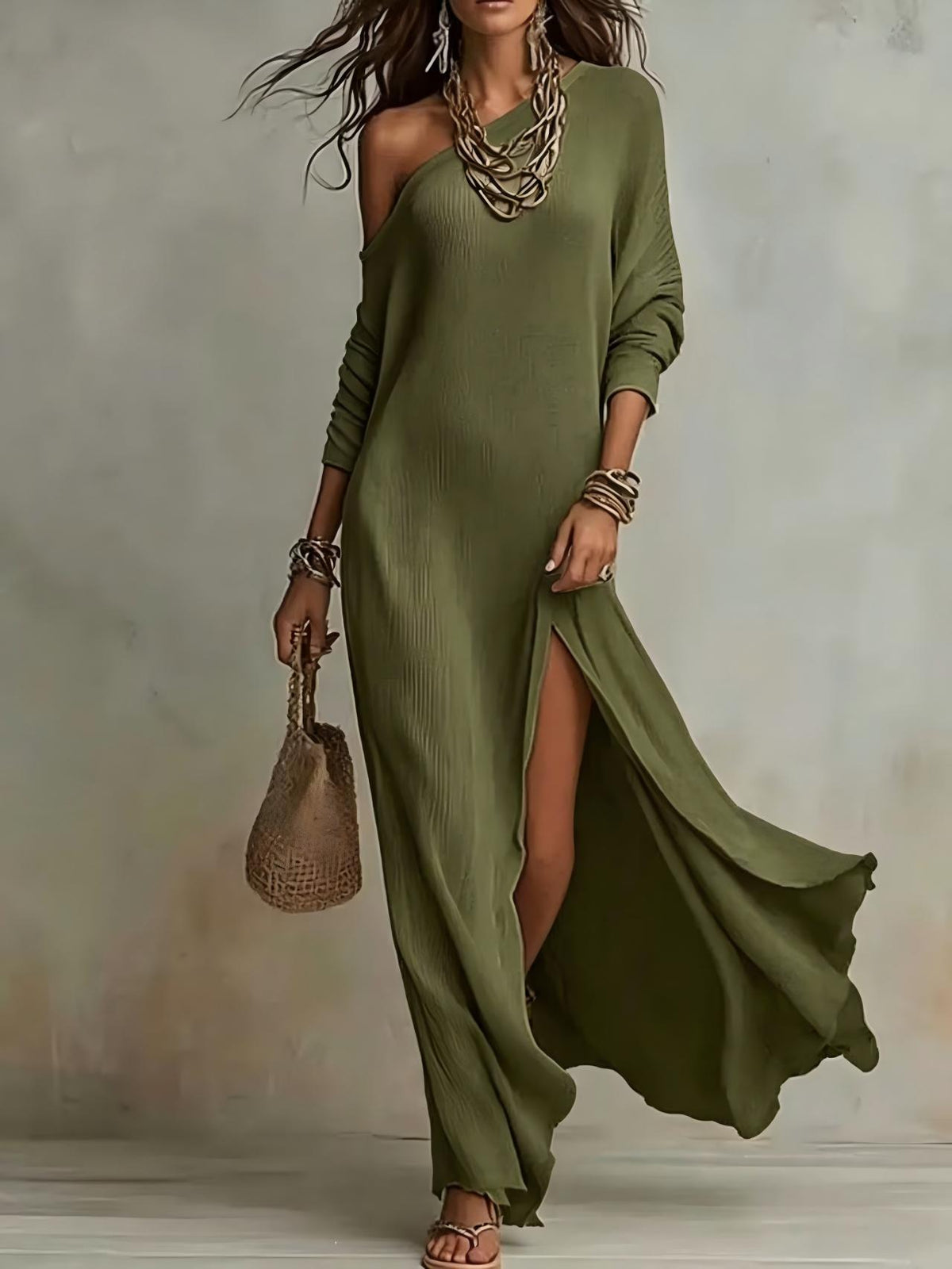 Long-Sleeve Pleated Dress with Side Slit