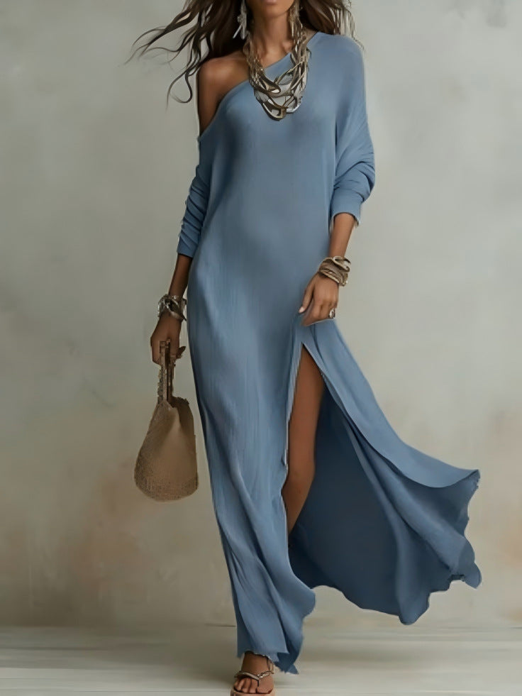 Long-Sleeve Pleated Dress with Side Slit
