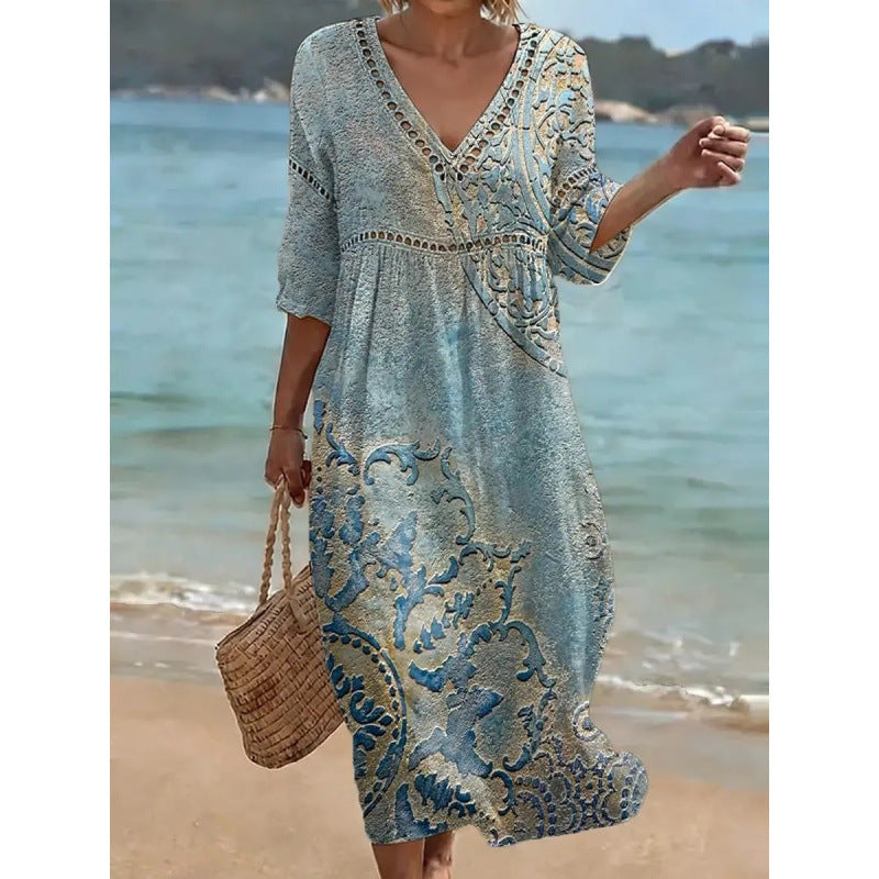Deep V-Neck 3D Print Midi Dress with Irregular Hem