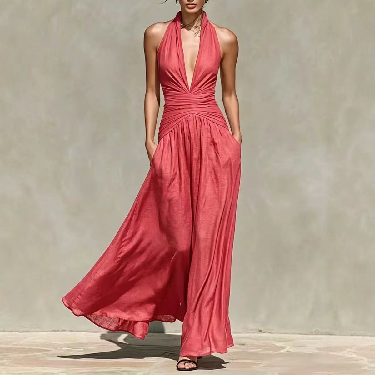 Deep V-Neck Halter Linen-Blend Long Dress
