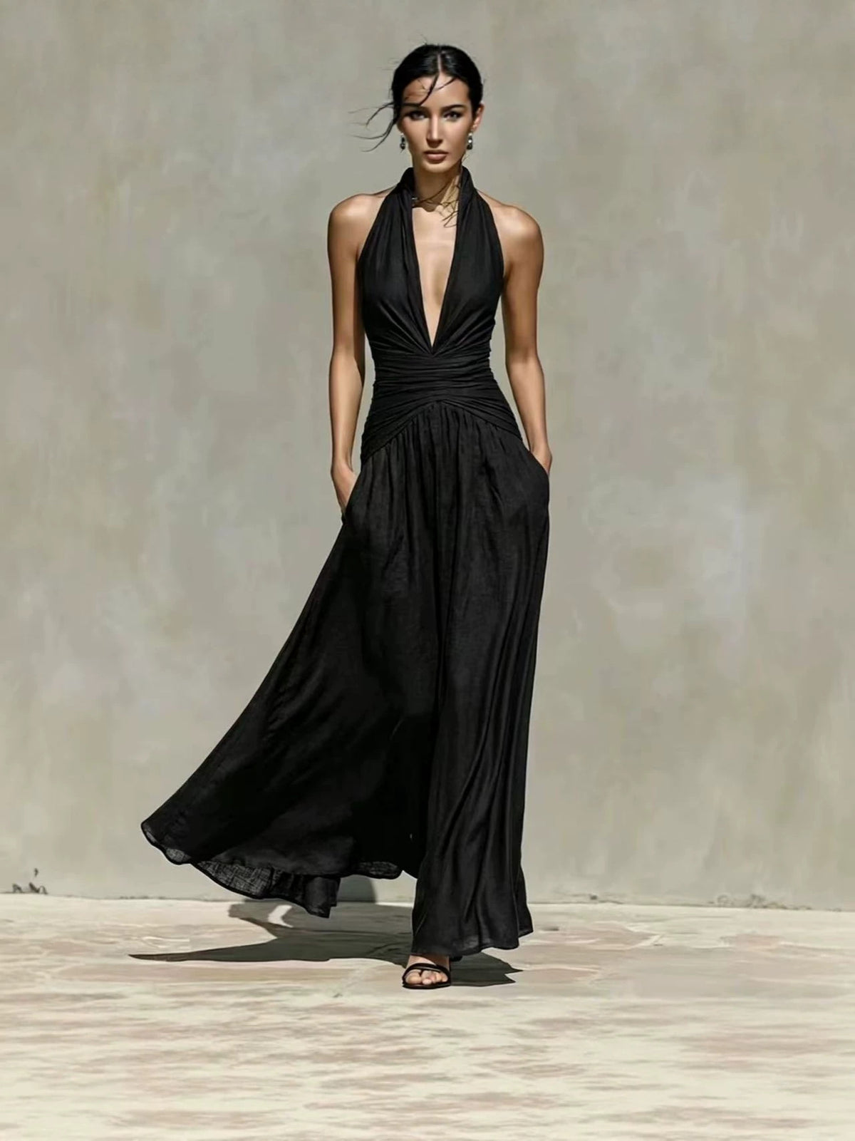 Deep V-Neck Halter Linen-Blend Long Dress