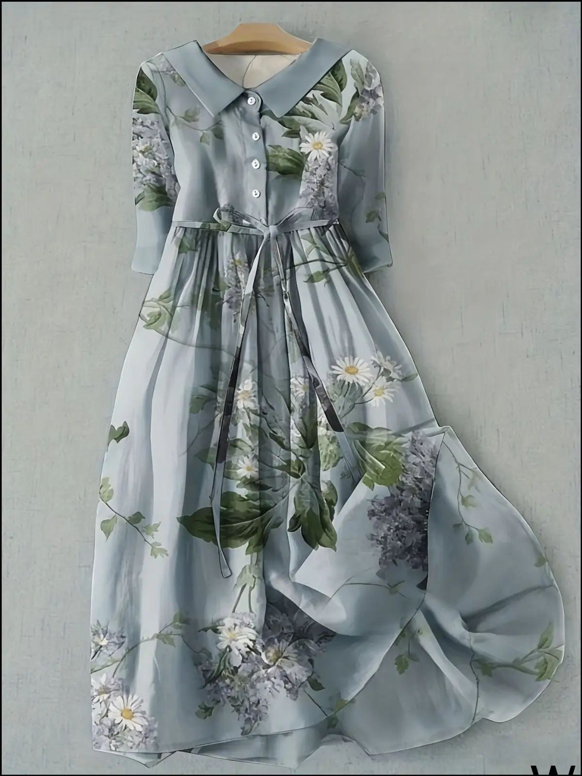 High-Waist Button-Collar Midi Dress with 3D Print