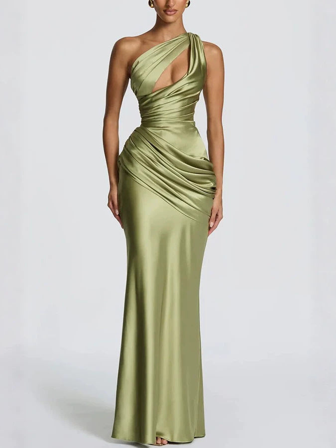One-Shoulder Satin Fishtail Evening Dress with Waist Tie