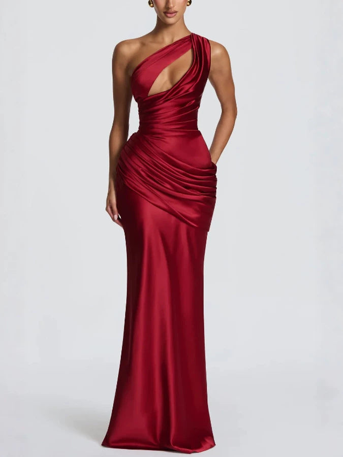 One-Shoulder Satin Fishtail Evening Dress with Waist Tie