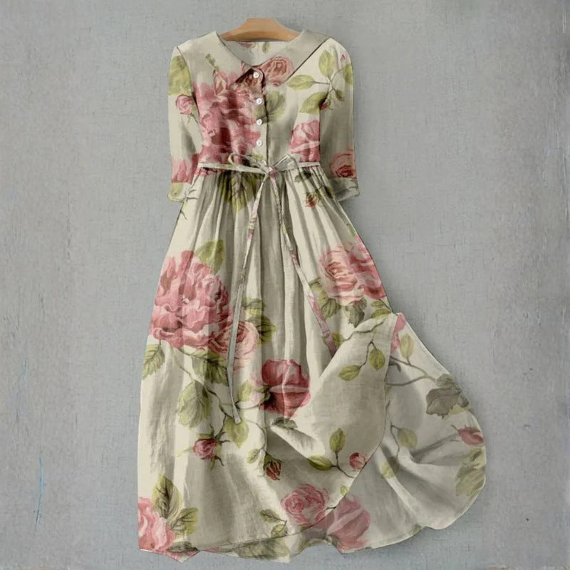 High-Waist Button-Collar Midi Dress with 3D Print