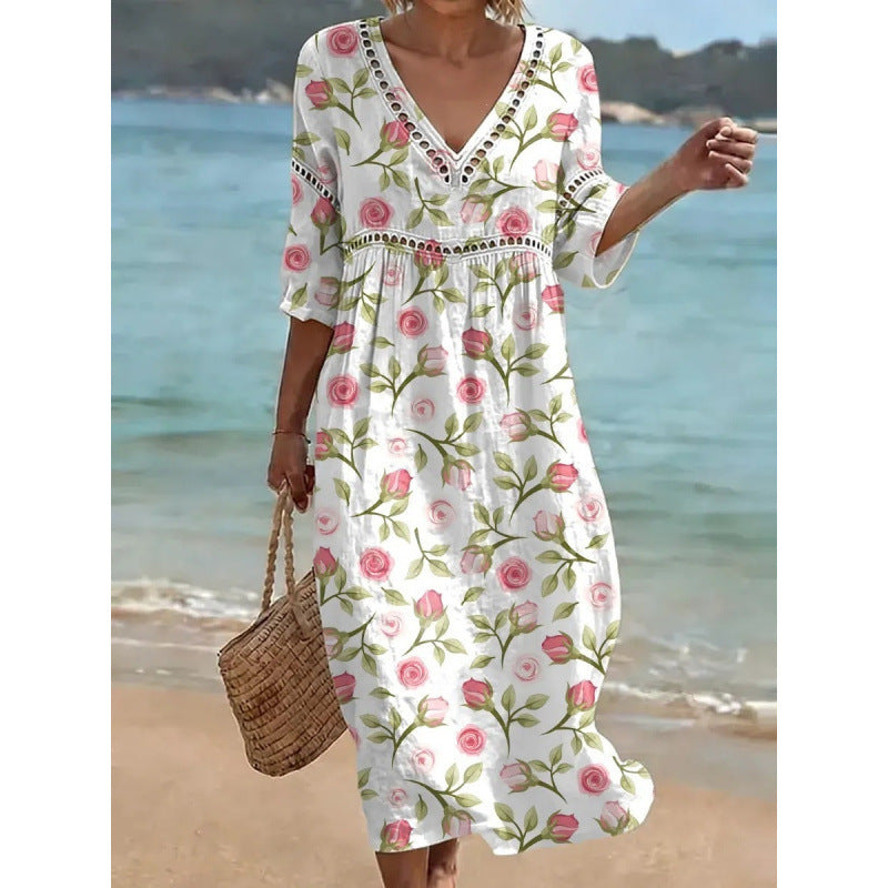 Deep V-Neck 3D Print Midi Dress with Irregular Hem