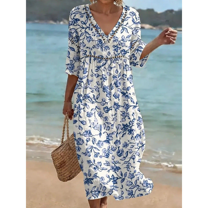 Deep V-Neck 3D Print Midi Dress with Irregular Hem